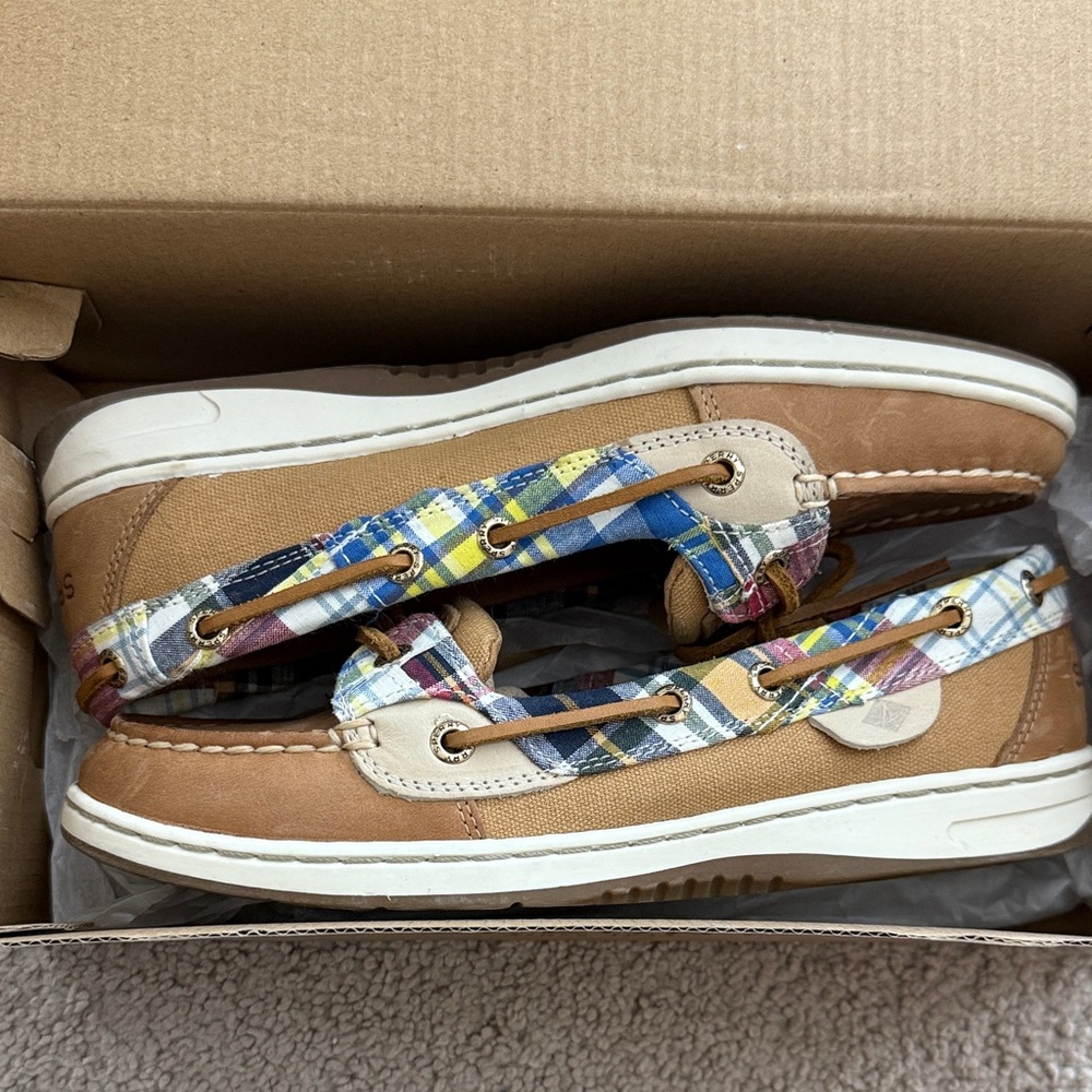Sperry Kids Plaid Tan Moccasins
